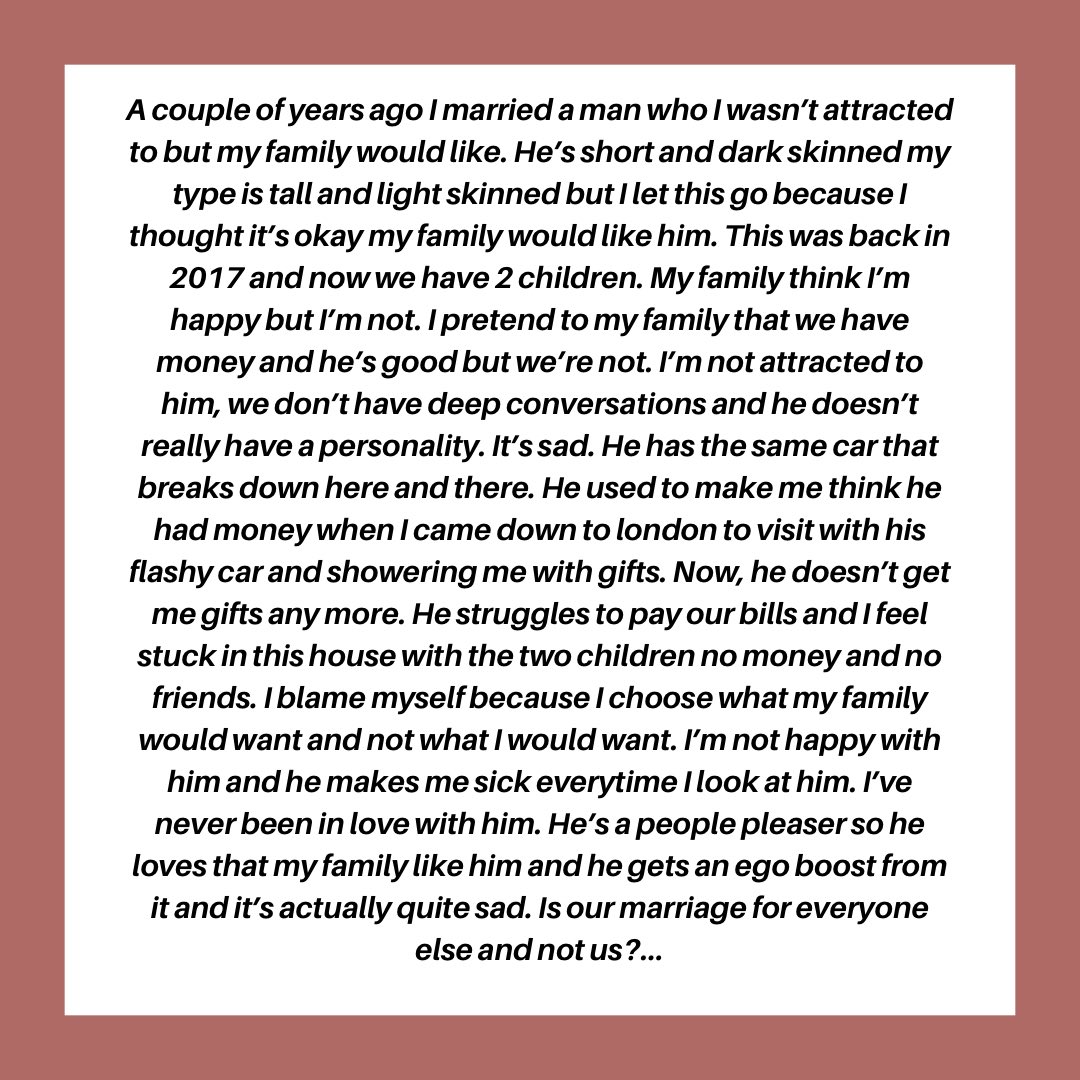 thesisterguide's tweet photo. I married someone who I wasn’t Attracted to and now I want to LEAVE

But the problem is we have kids https://t.co/j9RIQHlIbB