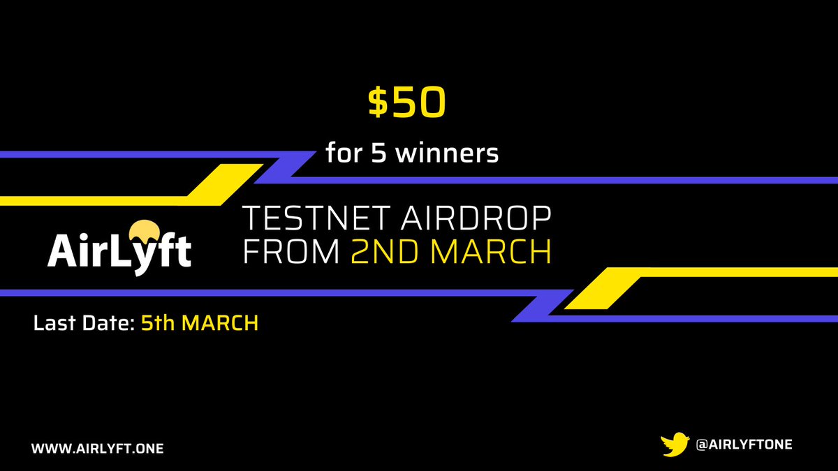 Airlyft is now equipped with Twitter &amp; Telegram too. As promised, AirLyft 🔺 Testnet Airdrop is live until 5th March! Try it out and win rewards upto 💰$50 USDT! 🔽
apps.airlyft.one/airlyft/50-usd…