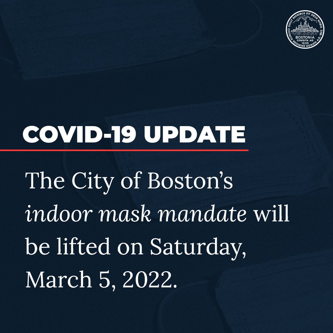 After meeting with the Board of Health, <a href="/HealthyBoston/">Boston Public Health Commission</a> &amp; @OjikutuBisola are lifting the indoor masking mandate on March 5.

We're heading in the right direction—with declining COVID positivity rates, less strain on our healthcare system &amp; vaccination rates higher than ever.