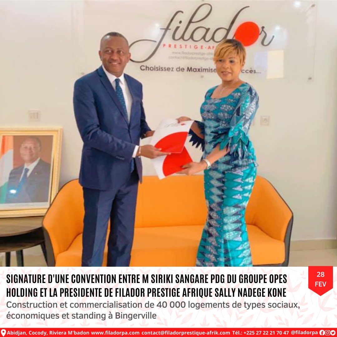 filadorpa's tweet photo. 🏘 Immobilier

Filador Prestige Afrique signe une convention avec OPES Holding pour la construction de 
40 000 #logements à #Abidjan

Plus d'informations et l'article complet ⤵️
https://t.co/5HfKaJSgAx https://t.co/urHrp6wmM0