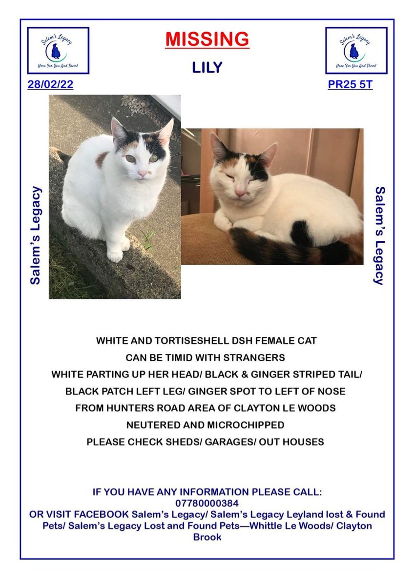 Anyone living around Hunters Road in Clayton Le woods please keep an eye out please check your out houses incase she is trapped, this is out of character for her she has been missing since Monday morning