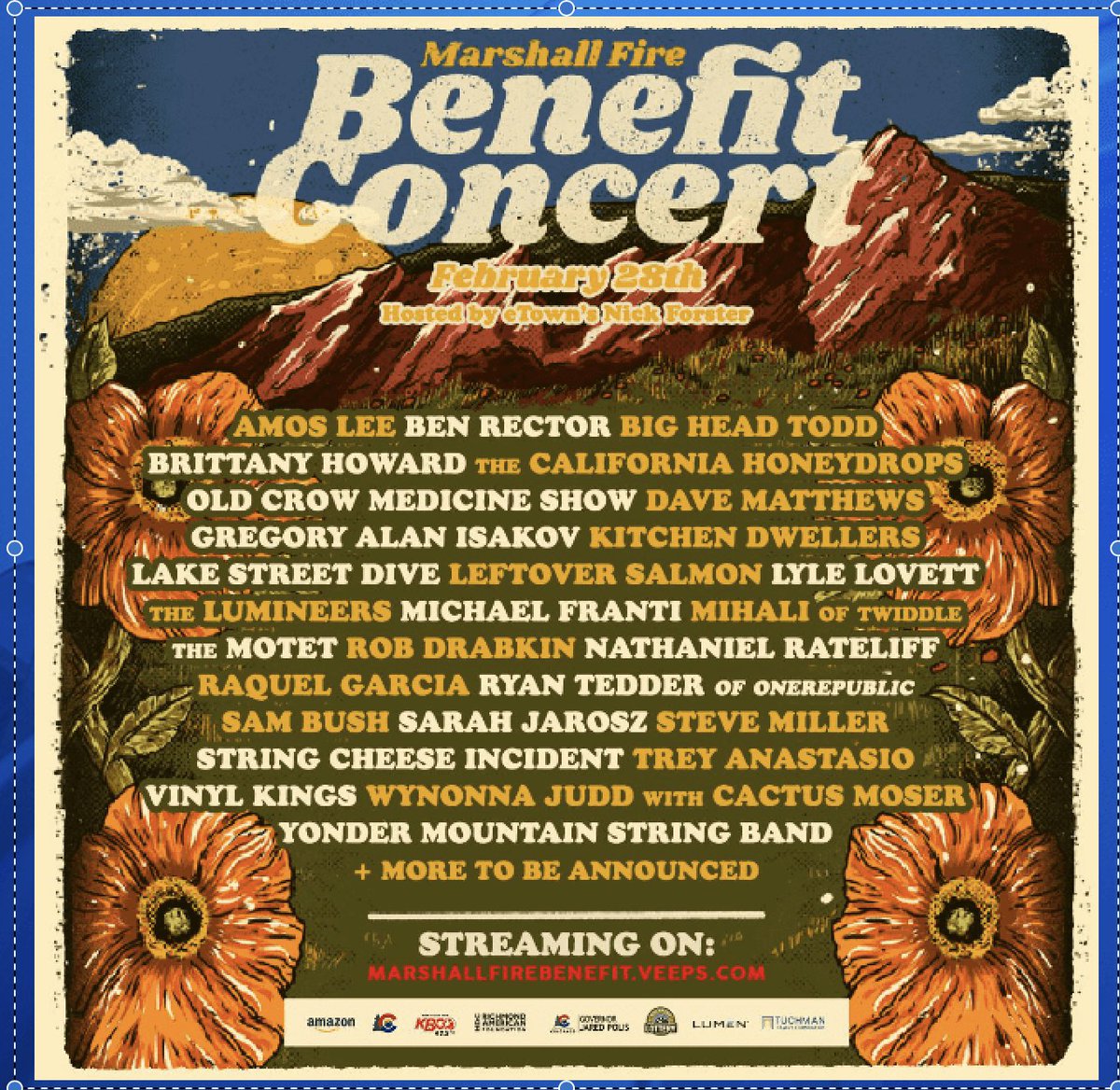 Kudos to all who donated enormous time and talent in creating the fantastic Marshall Fire Benefit Concert. The 1,000 homeowners who lost theirs in Dec. are fortunate to have your support. #etown #marshallfire #musicians