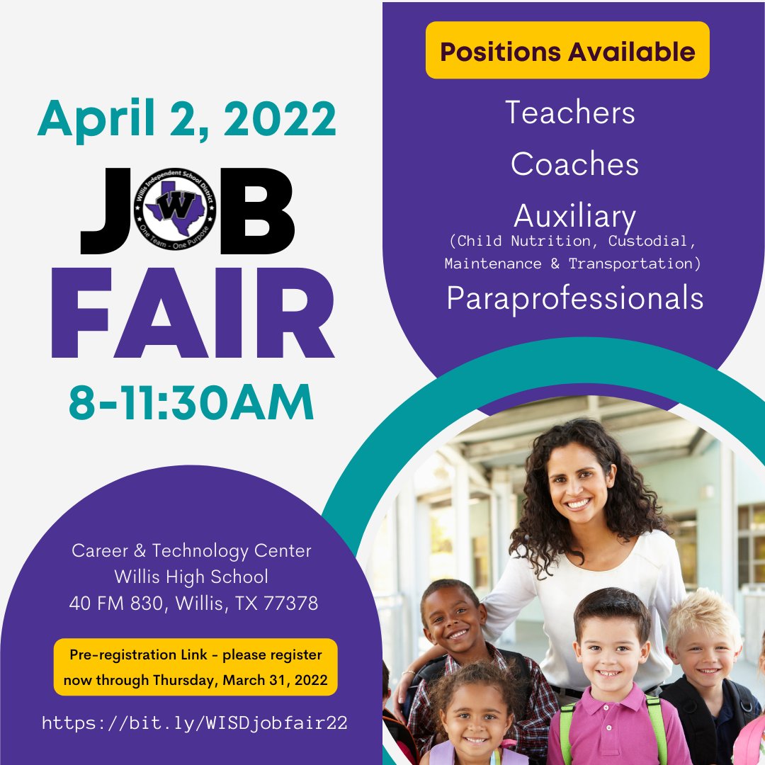 Mark your calendars now for the Willis ISD Job Fair, April 2, 2022 from 8-11:30 am at the <a href="/WillisISD_CTE/">Willis ISD CTE Center</a> located at 40 FM 830 in Willis. 

Reserve your spot now for a better chance of securing an interview! bit.ly/WISDjobfair22. Apply online at willisisd.org/employment.