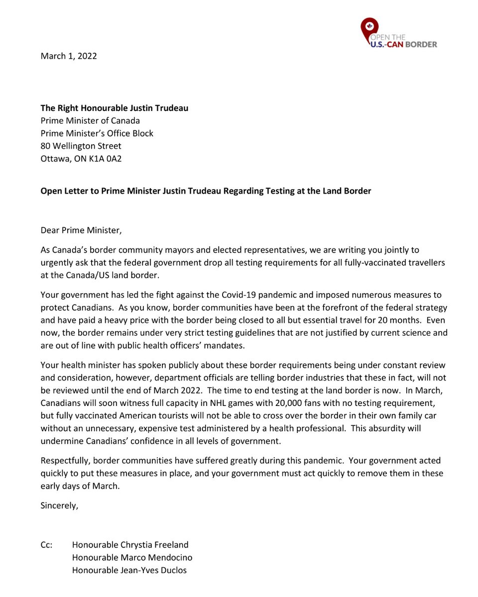 Border city leaders across the country are urging the Federal Government to drop all testing requirements for fully-vaccinated travellers at the Canada/US land border. I’m pleased to sign <a href="/FDFAInsider/">FDFA Insider</a>’s open letter asking for immediate action to ease all restrictions.