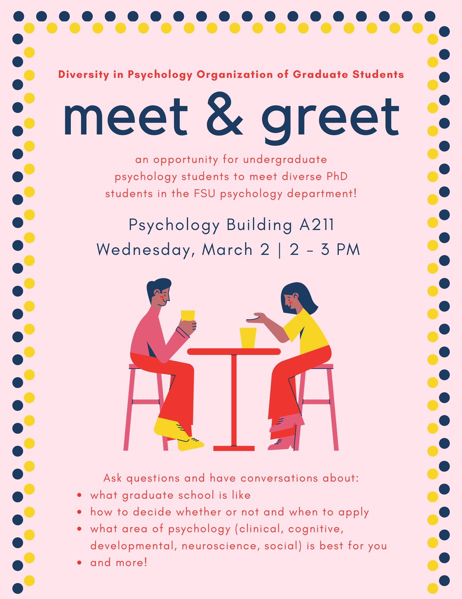 Calling undergraduates psychology students interested in grad school! An opportunity for undergraduate students to meet diverse PhD students in FSU psychology department! 
Have questions about grad school? Ask them here
When: March 2, 2022 2-3 pm 
Where: Psychology  A211