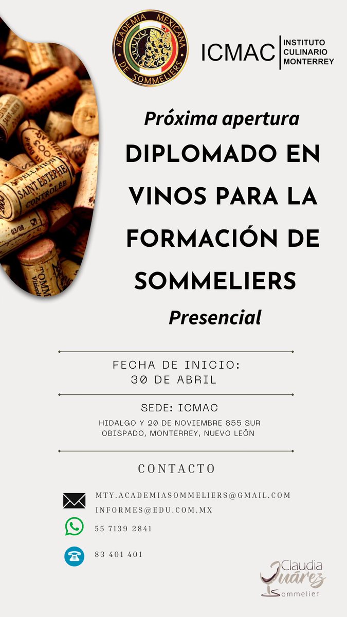 SommelierClaus's tweet photo. Si vives en #MTY esto es para tí, únete a nuestro #DiplomadoEnVinos para la formación de #Sommeliers, apertura #30DeAbril sede @ICMACchef avalado por la @asm_ac https://t.co/gStUl6fFG9