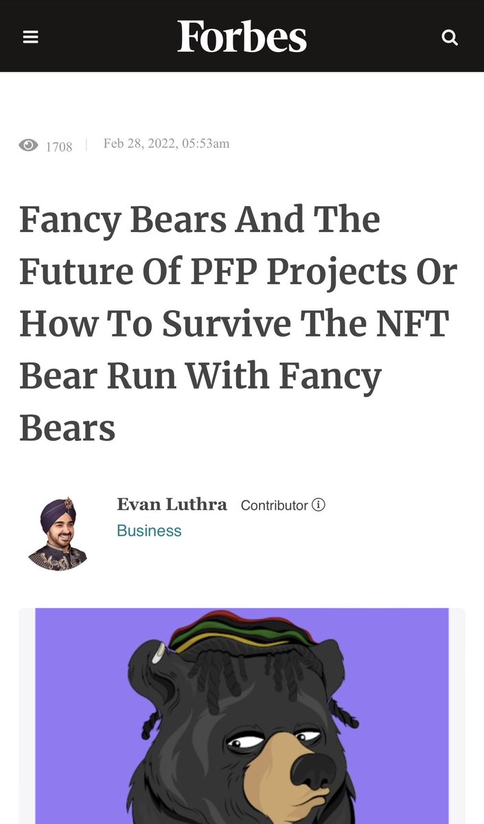 BartekSibiga's tweet photo. Probably nothing…

This is only @Forbes and @EvanLuthra saying @FancyBearsMeta are the future. Still fams you can RT in case this more than nothing 🐻 https://t.co/jgccrCaVo7