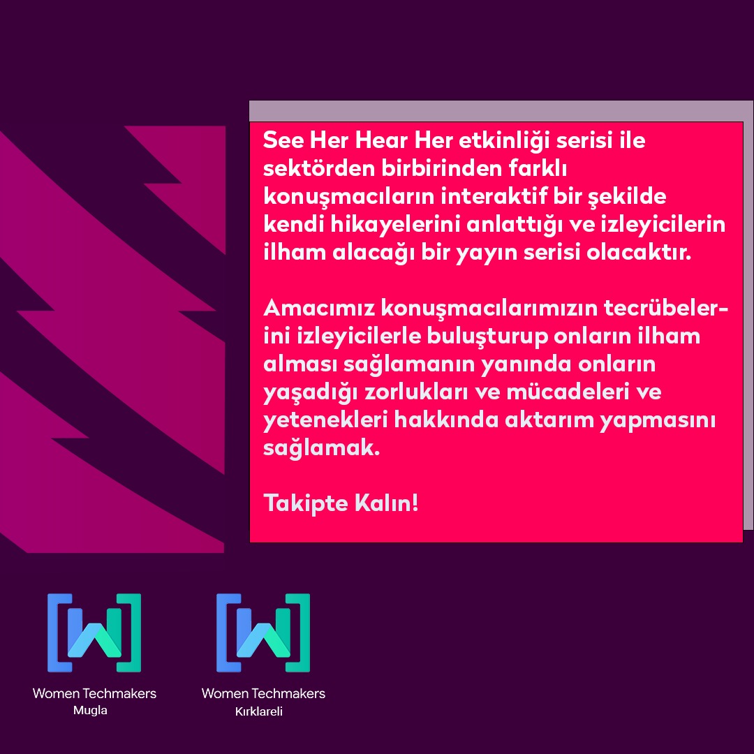 gdgmugla's tweet photo. Herkese selamlar🥳
🎉WTM Muğla ve WTM Kırklareli olarak ortak bir etkinlik olan "See Her Hear Her" etkinliğine hazırmısınız? https://t.co/Yujw7q9Yj4