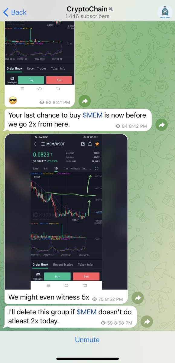 cryptolife0077's tweet photo. Please stay away from this scammer calls. He do paid tweets and make people loose money. He have zero knowledge of crypto @CryptoChainU 
Look how he push people to buy his coins on his telegram channel. 

Now he switched name to KUCOIN MASTER
$MEM $CARR $FLY $MAP $BOLT $2CRZ $EFX https://t.co/cGsjG6wUNa