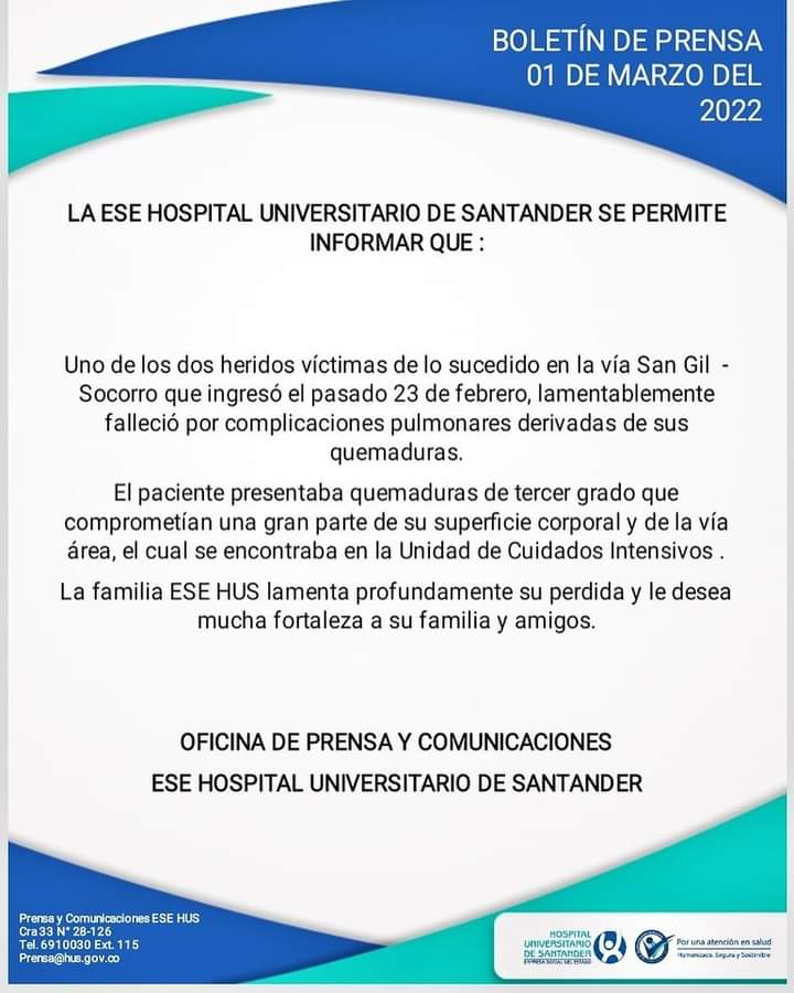 ElRegionall's tweet photo. #ULTIMA_HORA falleció Cesar Fernando Díaz Osorio víctima del atentado con artefacto explosivo en la vía #SanGil - Socorro juridicción de #Pinchote 
Cesar Fernando Díaz sufrió quemadura en cara , brazos, y trauma en tórax. Vivía en la vereda La Peña de #Curití, #QEPD https://t.co/cx9GzQIG7b