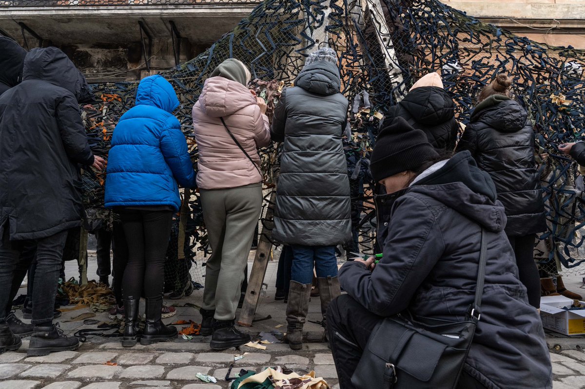 One thing I’ve noticed is the way Ukrainians here are helping each other. There is a feeling of solidarity. Everywhere there are people signing up to volunteer their skills or time — like making camouflage from clothes scraps. Hospitality staff in Lviv show staggering kindness.