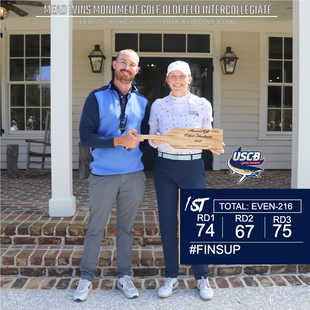 USCBWGolf's tweet photo. Mead wins her first career collegiate tournament at USCB's home event - Monument Golf Oldfield Intercollegiate!

Way to go, Ashleigh! #RisingTide #FinsUp https://t.co/88S6nwAh11