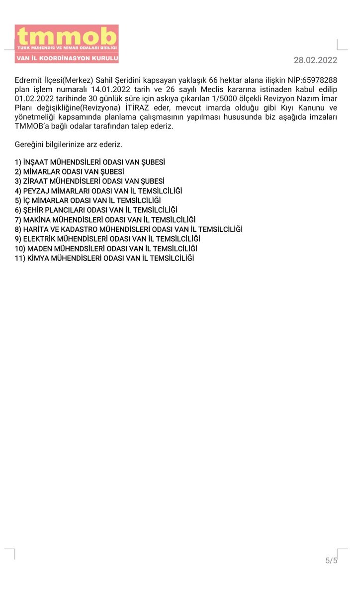 2.) Meslek Odaları olarak sürecin takipçisi olacağımızı üyelerimiz, basın ve kamuoyunun bilgisine sunarız.<a href="/vanmimod/">Mimarlar Odası Van Şubesi</a> <a href="/imovan65/">İnşaat Mühendisleri Odası Van Şubesi</a> <a href="/mmovan65/">MMO Van İl Temsilciliği</a> <a href="/icmimarlarVan/">İçmimarlar Odası Van</a> <a href="/PmoVan/">PmoVan</a> <a href="/HkmoVan/">HkmoVan</a> <a href="/spo_van/">ŞPO Van Temsilciliği</a> <a href="/umitsari65/">Ümit Sari</a> <a href="/RvanImre/">Rıdvan İmre</a> <a href="/iskan_isik/">İskan İŞİk</a> <a href="/m_aydincioglu/">Murat Aydincioğlu</a>