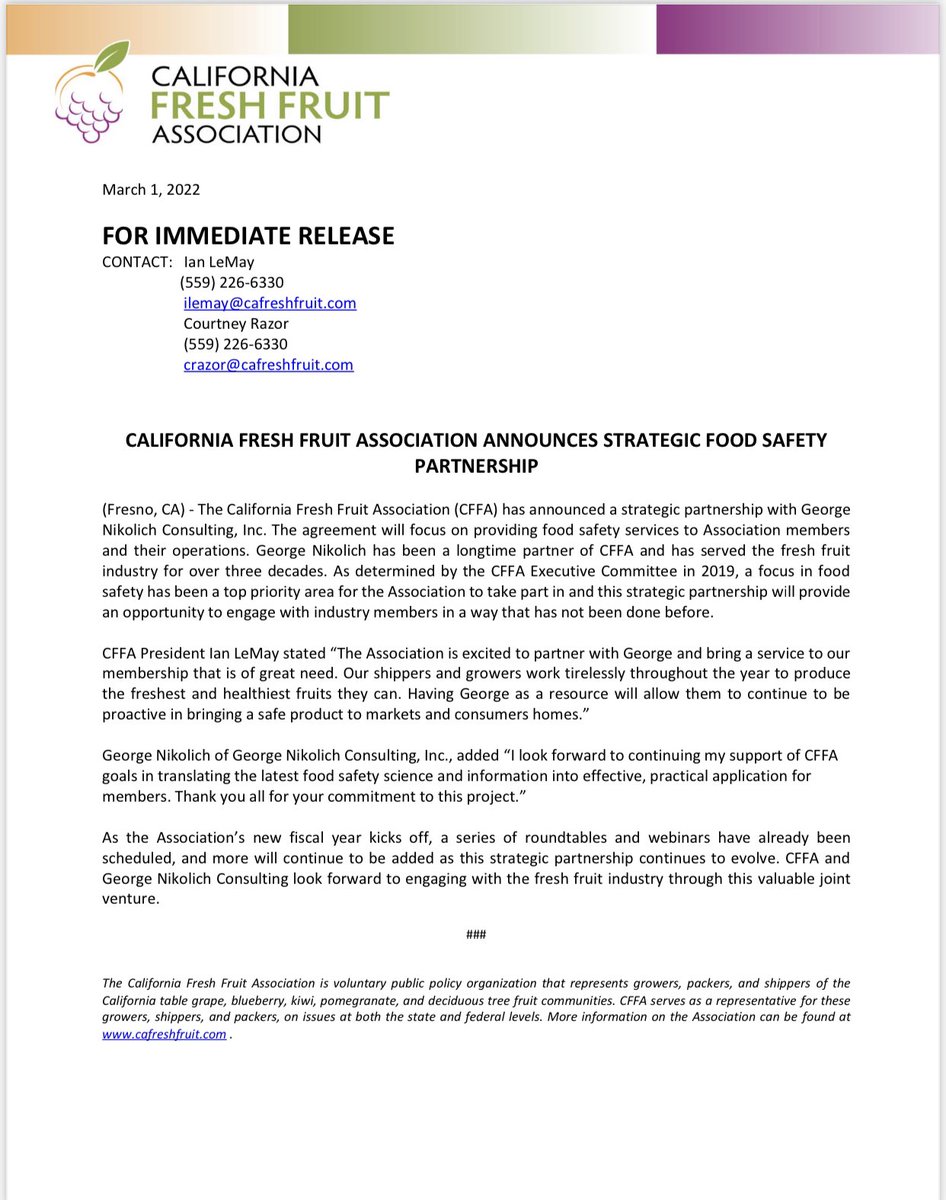 ianflemay's tweet photo. @CalFreshFruit is excited to announce our strategic partnership with George Nikolich in the area of Food Safety. George has decades of experience in the fresh fruit industry and we look forward to his guidance in this important area! #StrategicPriority @CPSnewsupdates https://t.co/dVWbsnz7nz