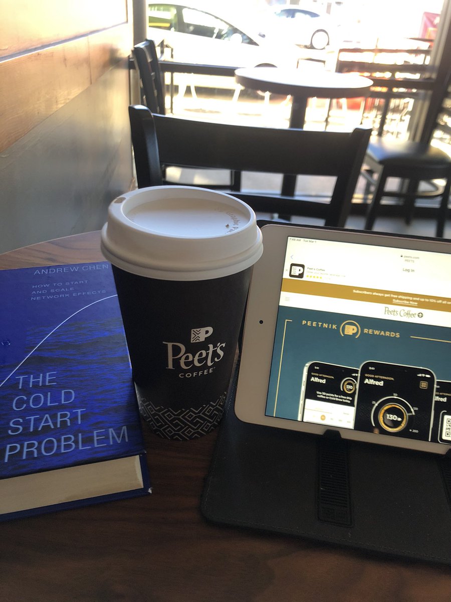 greatbookminds's tweet photo. Taking in a warm California morning @peetscoffee while reading @andrewchen book #TheColdStartProblem. Fueling and scaling #networkeffects is the key to #startup business success. https://t.co/M4UEm8zhXd