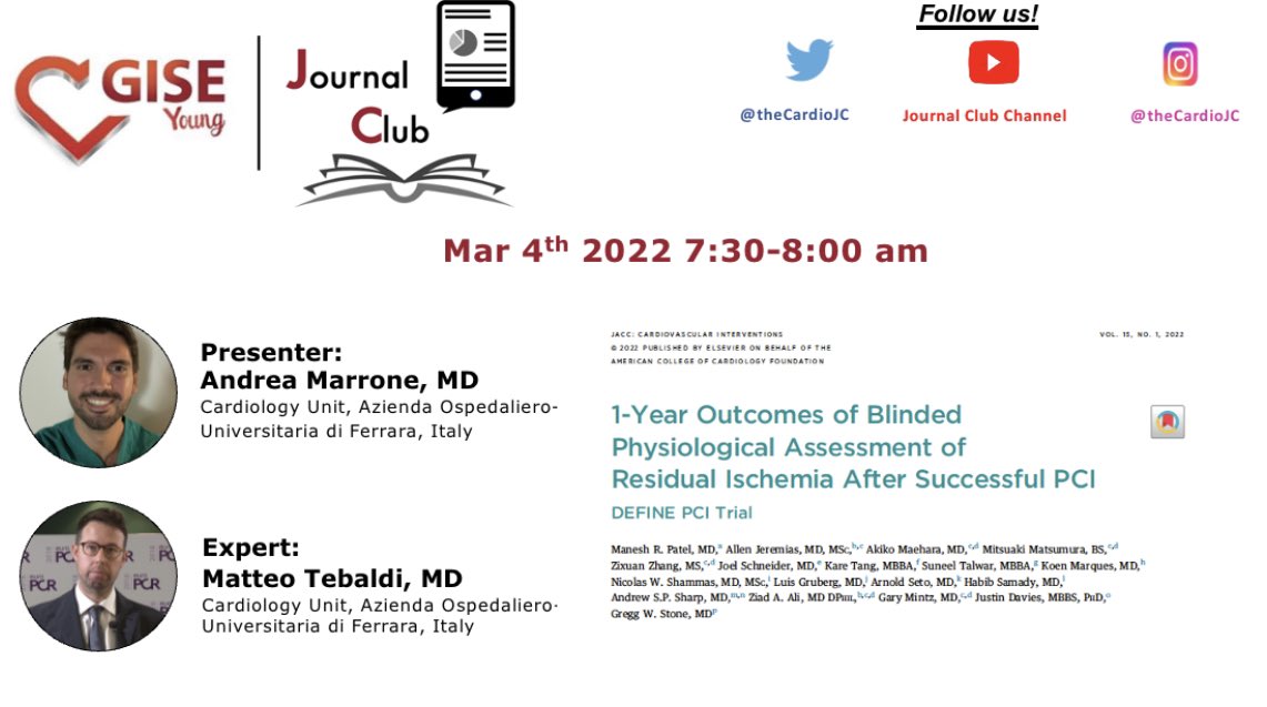 Journal Club Channel (@thecardiojc) on Twitter photo 🚨 Hot topic: Post-PCI physiology at next Journal Club
Join <a href="/AndreaMarrone3/">Andrea Marrone</a> and our expert <a href="/Tebaldi_Matteo/">Tebaldi Matteo</a> to discuss the #DEFINE PCI study:
📍 Post-PCI iFR
📍 Residual ischemia
📍 1yr clinical outcomes
🗓 Fri 4th Mar
🕰 7.30-8.00 am (Rome)
➡️ DM for Zoom link 🚨 Hot topic: Post-PCI physiology at next Journal Club
Join <a href="/AndreaMarrone3/">Andrea Marrone</a> and our expert <a href="/Tebaldi_Matteo/">Tebaldi Matteo</a> to discuss the #DEFINE PCI study:
📍 Post-PCI iFR
📍 Residual ischemia
📍 1yr clinical outcomes
🗓 Fri 4th Mar
🕰 7.30-8.00 am (Rome)
➡️ DM for Zoom link