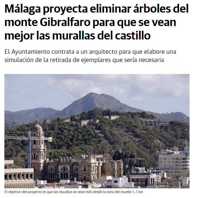 ares_mlk's tweet photo. Málaga no alcanza casi ni la mitad del mínimo recomendado de zonas verdes por habitante marcado por la UE.

Sin embargo, el Ayuntamiento decide que muchos árboles son, y va a talar decenas o centenares de ellos para mejorar las vistas de Gibralfaro.

¿Málaga ciudad sostenible? JA https://t.co/m4ZIRJaihX