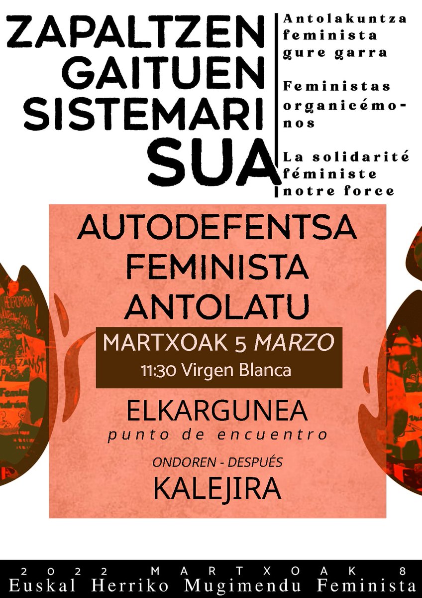 📅 Martxoak 5 de Marzo | 11:30 |Virgen Blanca

Lehenengo elkargune bat izango dugu eta ondoren kalejira Gasteizko kaleetan zehar.

¡Anímate! Habrá un punto de encuentro y después una kalejira por las calles de Gasteiz.

👊 Eta MARTXOAREN 8AN, DENAK KALERA!