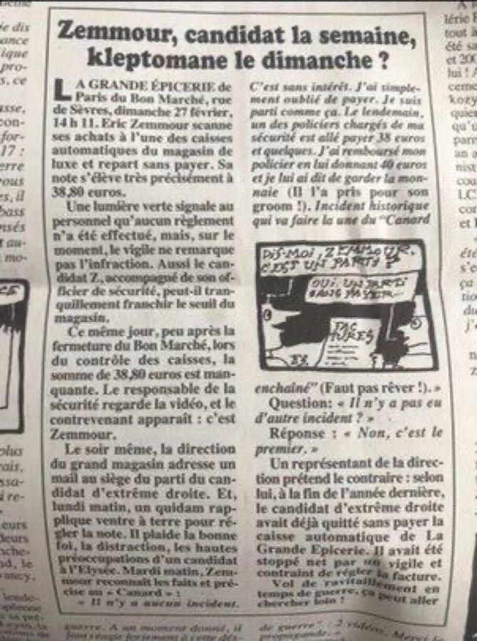 aympontier's tweet photo. Zemmour a tenté à deux reprises de faire ses courses sans payer, dans la même épicerie, ces derniers mois. La première fois, il a été stoppé à la sortie par le vigile. La seconde fois, il a été reconnu sur la caméra après coup, et a envoyé un flic régler la facture à sa place. https://t.co/2rIdQJosFq