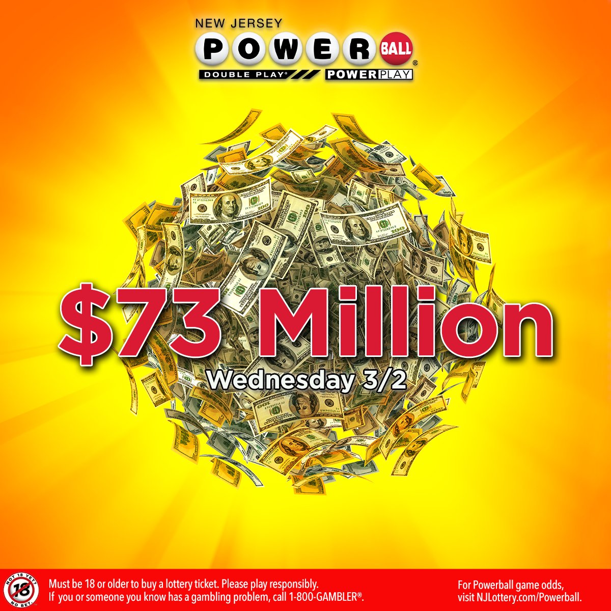 Powerball is blowing up! Don't miss out on a chance to win Wednesday's $73,000,000 #Powerball jackpot! Shoutout to the two NJ winners from Monday's 2/28 drawing! One player in North Wildwood took home $1,000,000, and another in Woodbridge won $100,000! https://t.co/eDeEH0qDOa