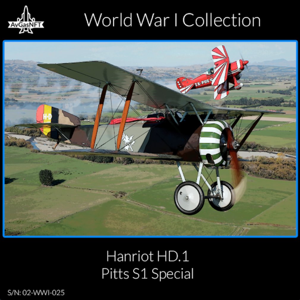 NFT 02-WWI-025

A very rare formation to see together, the Hanriot HD.1 and a Pitts Special S1. The HD.1 is a French WWI single-seat fighter aircraft. The Pitts Special S1 is a light aerobatic biplane designed by Curtis Pitts. 

opensea.io/avgasnft?tab=c…

#NFTs #nftart #avgeek