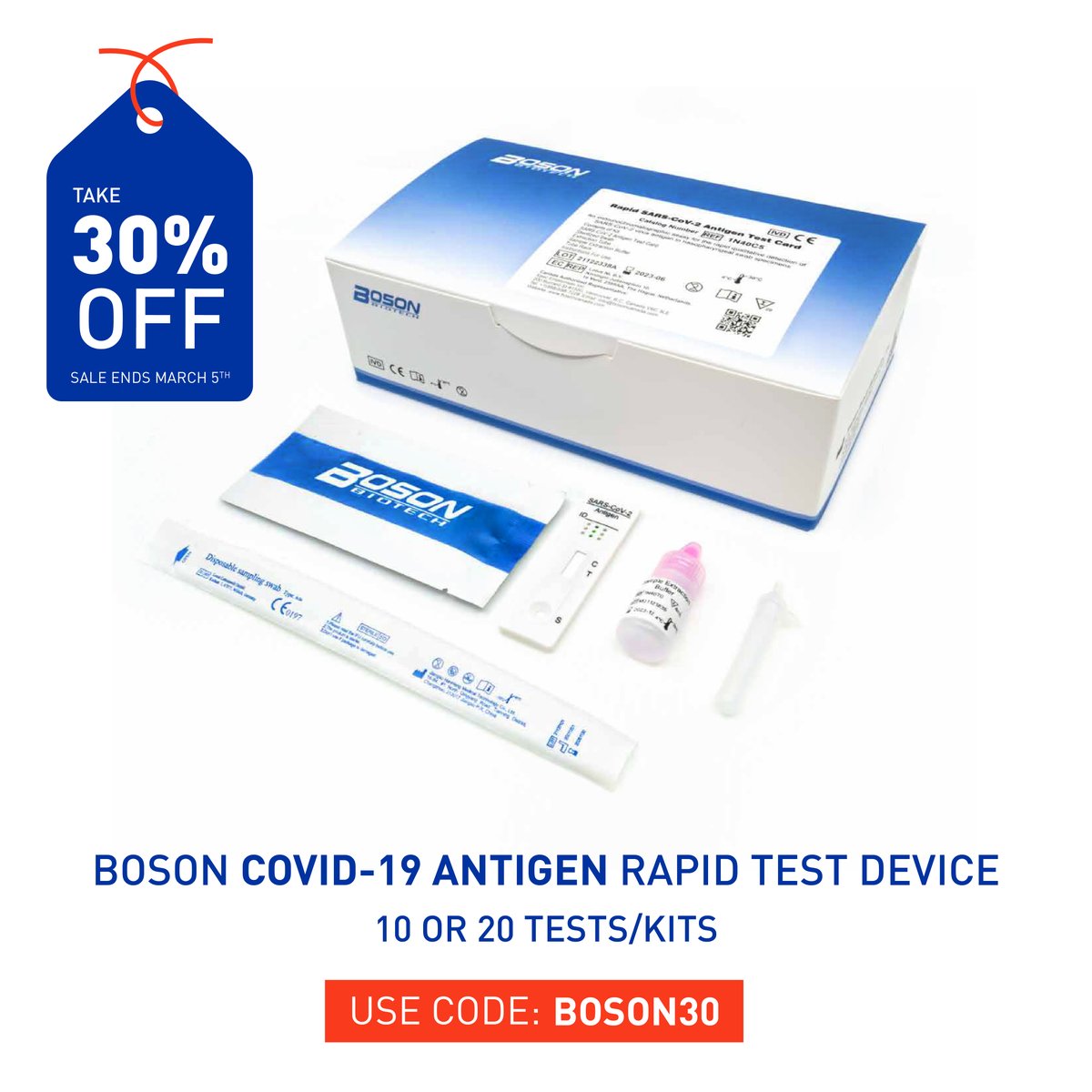 PacificFirstAid's tweet photo. NOW ON SALE!

Take 30% OFF on the Boson COVID-19 Antigen Rapid Test 
(10 or 20 tests/kits)

👉  Use code: BOSON30

Shop Now: https://t.co/2pn4to1ue4

**Promotion valid until March 5th https://t.co/iZNfRmhFEd