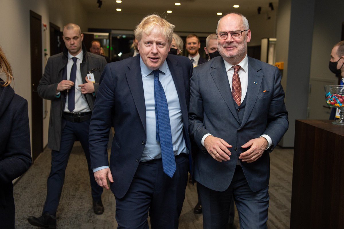 AlarKaris's tweet photo. Delighted to meet UK PM @BorisJohnson in Tallinn! The UK is a true friend and a close ally, UK has doubled the size of British forces in Estonia. We value very this contribution to collective defence very highly. Our response to Russia’s aggression is total unity &amp; resolve. https://t.co/rVpYGoRth3