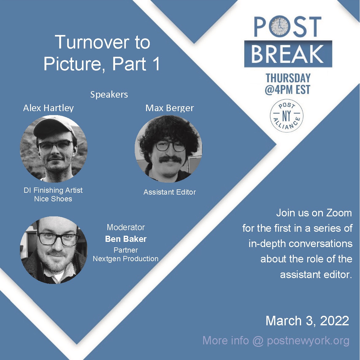PostNY's tweet photo. β³Pt 1/3 Post Break series: Turnover to Picture = TOMORROW (3/3) at 4PM ESTβοΈ
There's still time to REGISTER HERE: https://t.co/TPMVlyUeKO
#PNYA #postbreak #Postproduction #assistanteditors #assistanteditor #pictureeditorial #event #NYC #VFX #soundediting #vfxartist #di #color https://t.co/d6BB4LP4CG