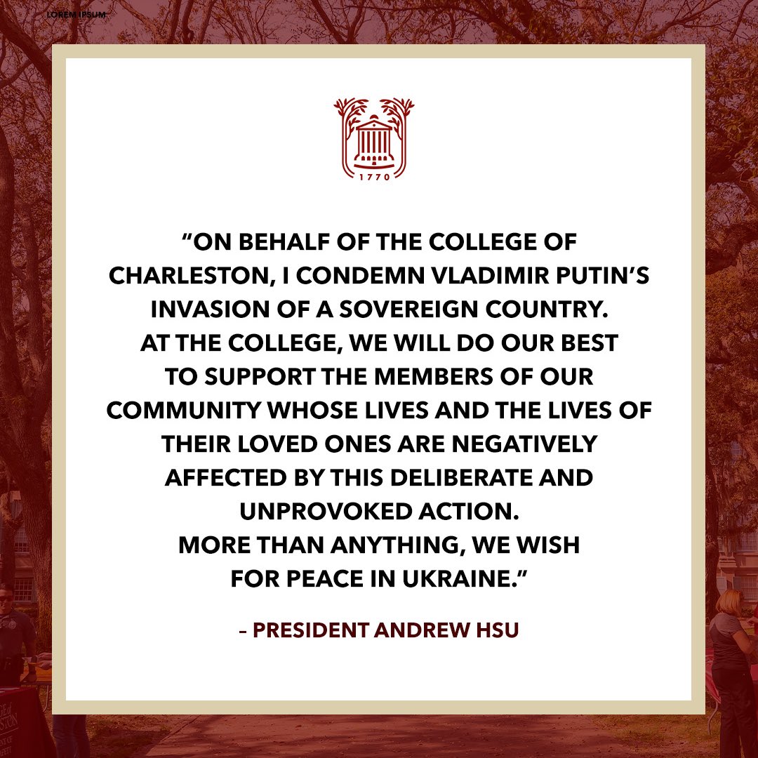 If you can, I encourage members of our @cofc community to attend Charleston’s show of solidarity with the people of Ukraine at 6:30 pm tonite at Charleston City Hall, which will be illuminated in blue and yellow.
