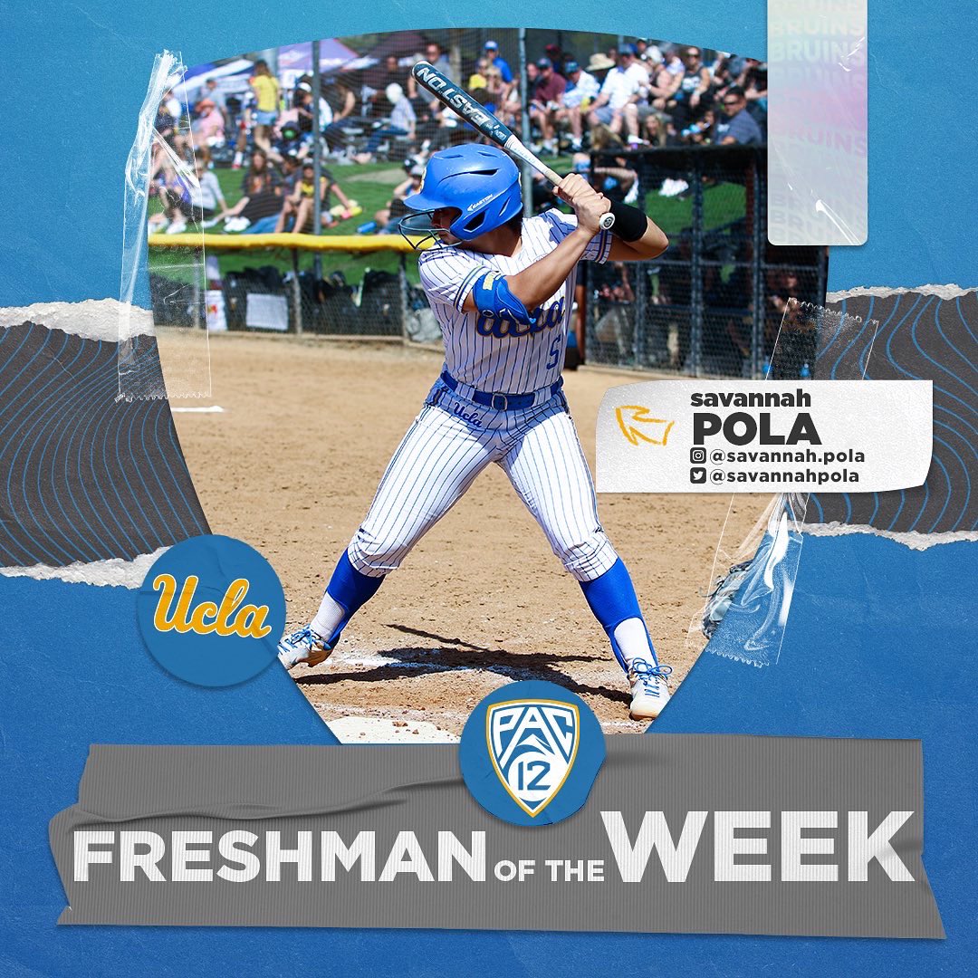 UCLASoftball's tweet photo. Savi Pola was named @pac12conference Freshman of the Week after her 6️⃣ RBI weekend! Congratulations, @savannahpola 💪

ℹ️: https://t.co/2llFiPCtJX

#GoBruins https://t.co/poCkmNCjKh