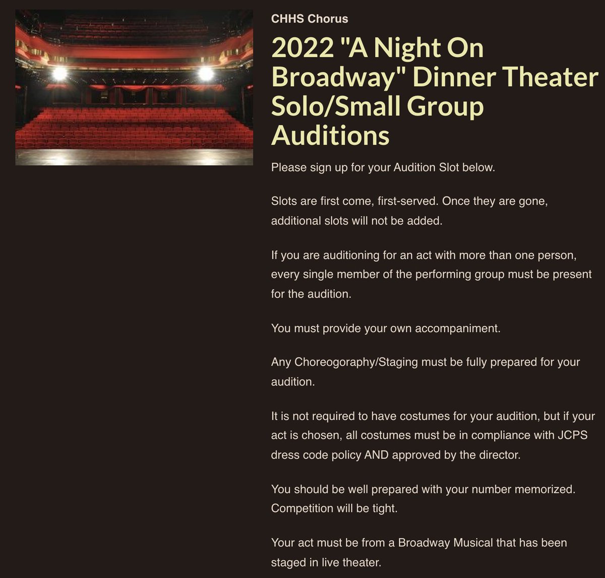 CHHSChorusNews's tweet photo. Dinner Theater Solo/Small Group Audition Sign-up link has been posted on the Chorus Daily Agenda AND the Spring Practice Track Sheet! Auditions slots are available the evenings of April 19-22, 2022. https://t.co/U84FfO1DkW
