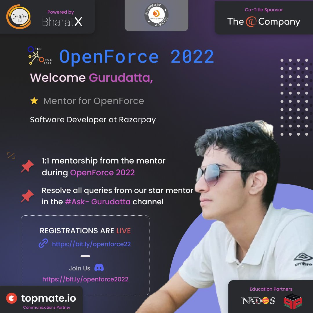 We welcome Our Star Mentors for OpenForce 2022 powered by <a href="/BharatX/">Bharat Verma</a> and The @ company✨ You can connect with them on Codeflow discord and topmate.io for 1:1 Mentorship Meetings.

#codeflow #openforce22 #opensource #community #event #fliptheinternet #outreachy