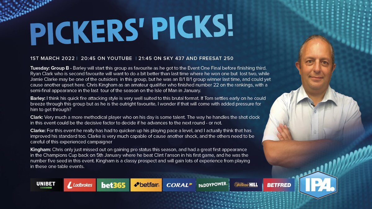 PickersPicks's tweet photo. We are back again after the World Champion Liam Dunster scraped into the semi final stage in last nights matches.

Who is going through tonight? Here are my predictions.
You tube at 845pm Sporty Stuff tv at 945pm
@tv_sporty @IPAPool @GaryWiltshire16 https://t.co/Mm4V8THJOY
