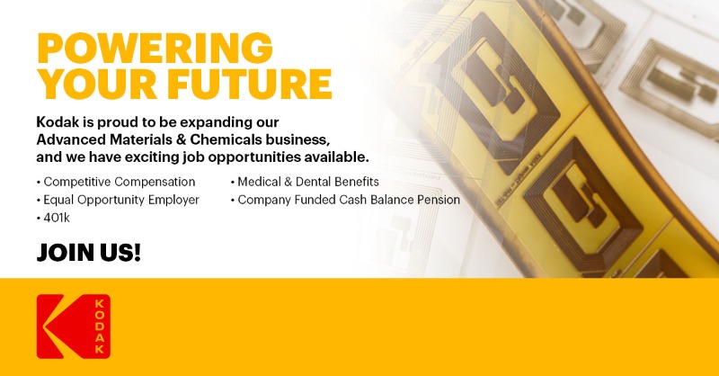 Kodak's tweet photo. Join our team! Our Advanced Materials &amp; Chemicals business has exciting opportunities available, plus, our employees receive competitive compensation and benefits. Apply on our website today: