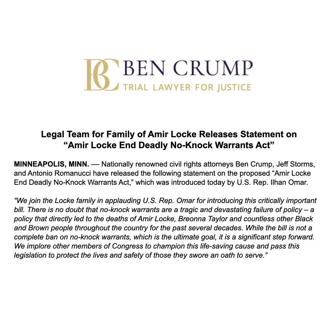 BenCrumpLaw's tweet image. NEWS ALERT: @AttorneyCrump, @Jeff_Storms, and @TonyRomanucci have released a statement supporting the proposed “Amir Locke End Deadly No-Knock Warrants Act,” which was introduced today by US Rep. Ilhan Omar.