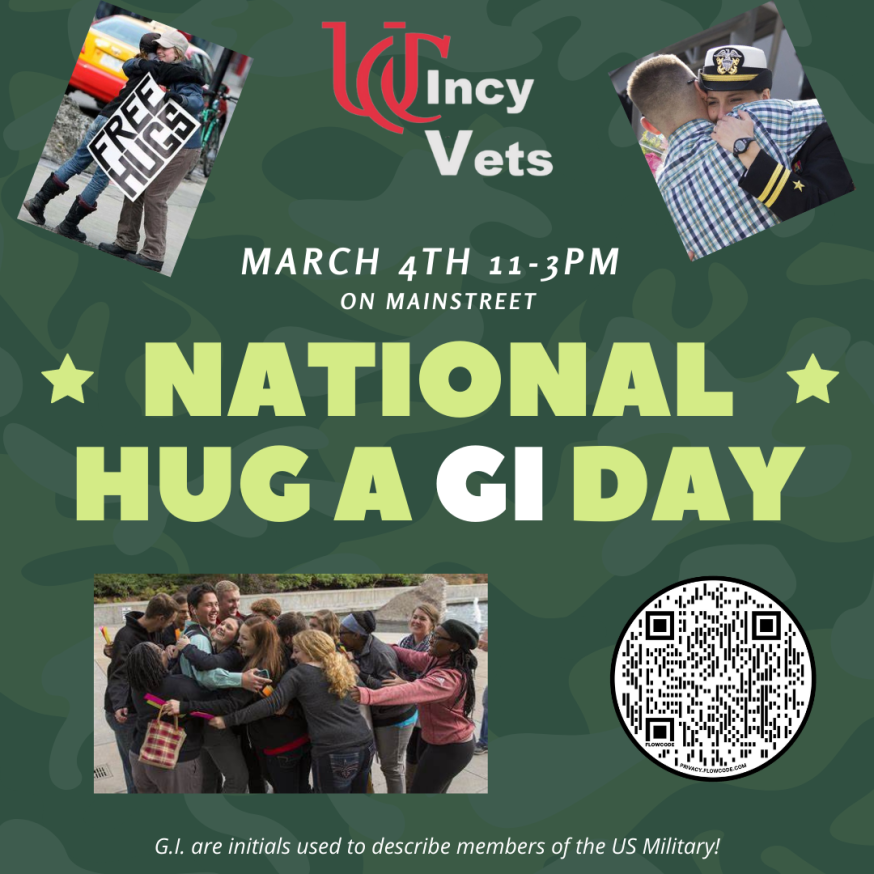 Catch us on Main Street in Clifton this Friday for National Hug A GI Day!!

Get a free one on us and show your support for the student veterans of UC!!

#ucincyvets #uc_vets