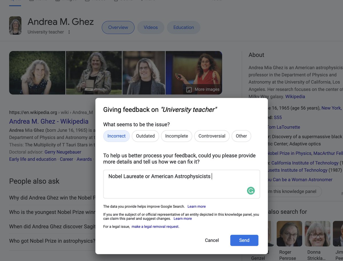 ShellyLesh's tweet photo. Can you help fix Andrea Ghez's title on Google? While she is a "University Teacher" I think the title minimizes her considerable scientific accomplishments. #WomenInSTEM https://t.co/nfRD3OQrZE