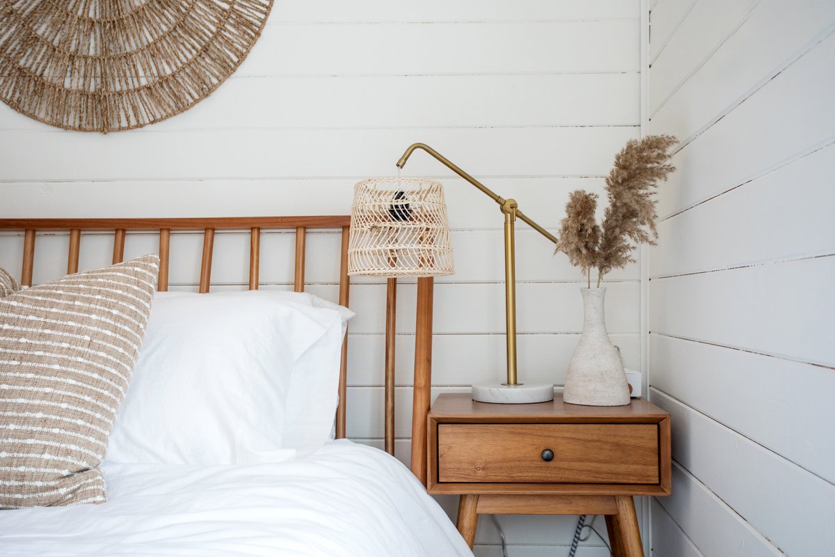 We put a lot of thought into bedside tables at The Hideaway. Form has to follow function. Every guest has their own bedside table with space to put things, and their own power outlet from <a href="/conwaygoods/">conwayelectric</a> to plug gadgets in.