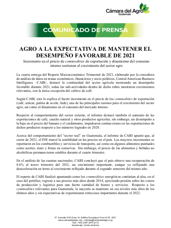 CamagroGuate's tweet photo. Agro a la expectativa de mantener el desempeño favorable de 2021.

"Según @CABIconsulting, esto lo explica el fuerte incremento en el precio de los commodities de exportación (café, azúcar, palma de aceite, hule)."

Comunicado: https://t.co/gT2XsJFMZ5 https://t.co/GJlCSOnpUf