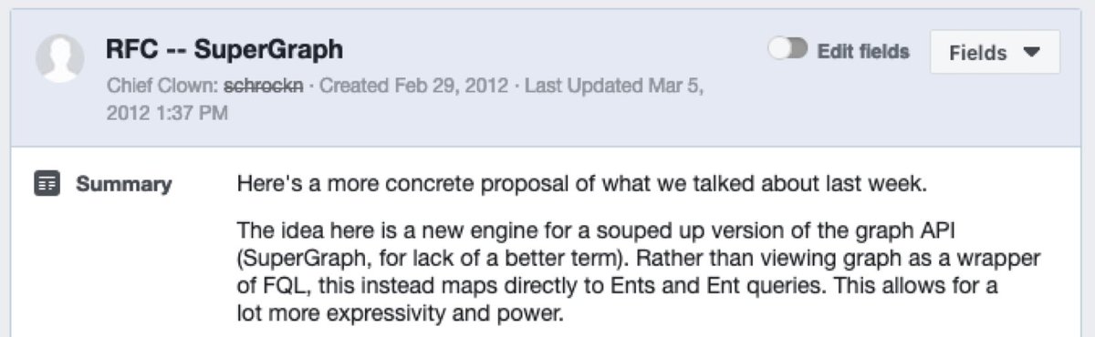 Happy 10 year anniversary to the functional prototype of @GraphQL!

@schrockn introduced the proposal, at the time called SuperGraph, on Leap Day, 2012.