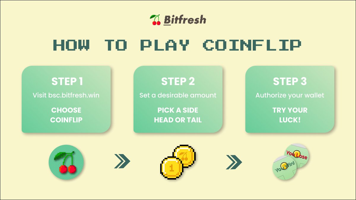 BitFreshWIN's tweet photo. Many of you already love Coinflip as much as we 🥰  But, for those who are new or want to join us playing the classic game, we made this short tutorial.

So, heads or tails? 🪙

Play at 👉 https://t.co/fHnYXsTEbl

#Casino #iGaming #GameFi #Gambling #BNBChain https://t.co/yaUnhhYqa6