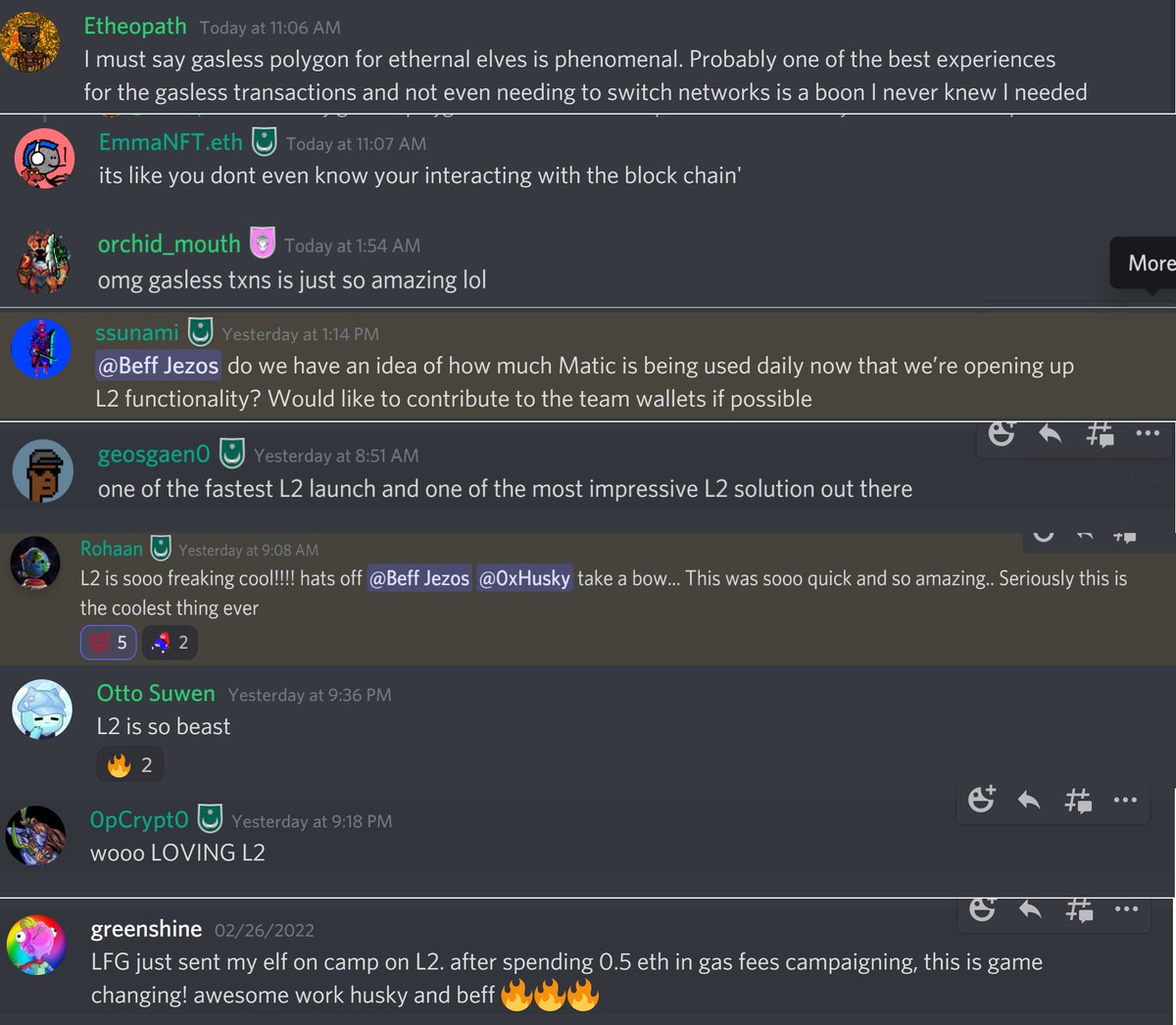 EthernalElves's tweet photo. We recently launched our L2 solution and the community is loving it.

no need to switch between ETH or Polygon, you stay on the ETH network
no need for MATIC, we created a GASLESS solution
no need for 2 network tokens, all assets and token stays on ETH

Stand Ready...

!onward https://t.co/47rOA6Xz1Q