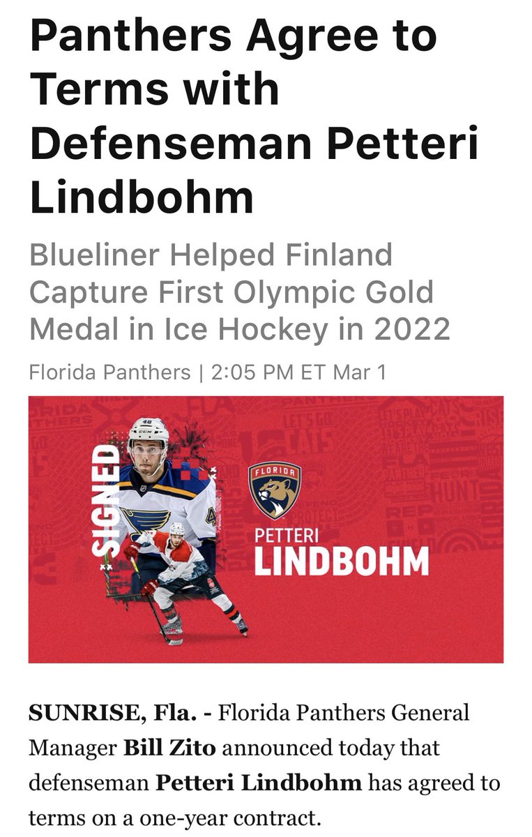 Sweet!

Presumably, Lindbohm will gel nicely with his fellow Fins on his new team, the #FlaPanthers.

#TimeToHunt

https://t.co/476R5rJZqX https://t.co/8Tfzmoo9Dw