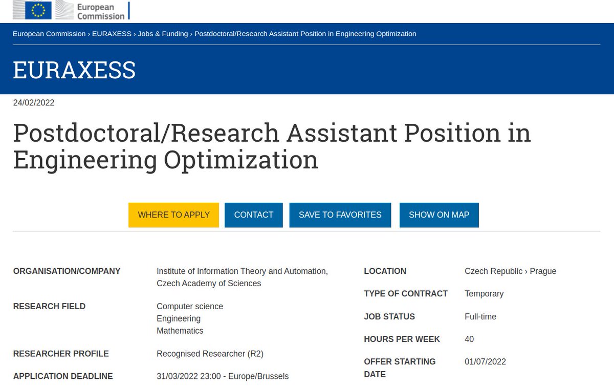 A postdoctoral position in Engineering optimization is available at the Institute of Information Theory and Automation <a href="/Akademie_ved_CR/">Akademie věd ČR</a> RT appreciated <a href="/ECCOMASofficial/">ECCOMAS Community</a> <a href="/cimne/">CIMNE</a> <a href="/IACM_Community/">IACM</a> @ZienkiewiczCtr <a href="/SIAMJobBoard/">SIAM JobBoard</a> <a href="/researchjobs_cz/">researchjobs.cz</a> <a href="/MechMaterials/">Mechanics of Materials Lab - University of Oxford</a>  euraxess.ec.europa.eu/jobs/748384
