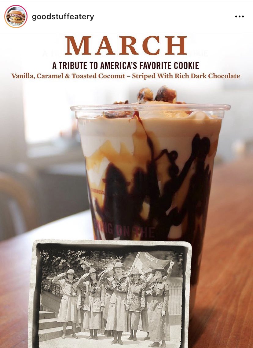 Very important news: <a href="/GoodStuffEater/">Good Stuff Eatery</a> will be celebrating the Samoa this month, in honor of the <a href="/girlscouts/">Girl Scouts</a>!