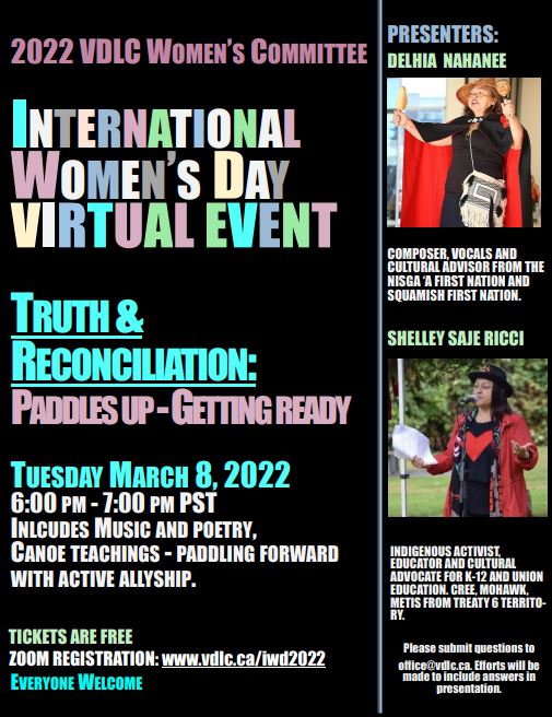 vancouverdlc's tweet photo. Join us for a celebration of International Women's Day, hosted by the #VancouverDLC Women's Committee. "Truth and Reconciliation: Paddles UP - Getting Ready", a free online event. 
Register here: https://t.co/ofS5kuksSq
#IWD2022 #bclab #bcunion #canlab #reconciliation https://t.co/2nabSmoxyD