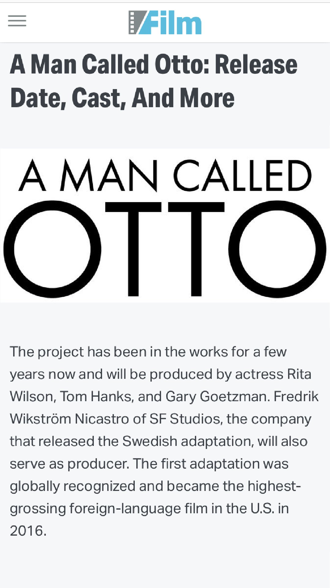 Rita Wilson The Wonderful Book A Man Called Ove By Fredrik Backman Is Being Adapted For Us Audiences This Book Has Touched Many People Hopefully The Film Will Too Honored