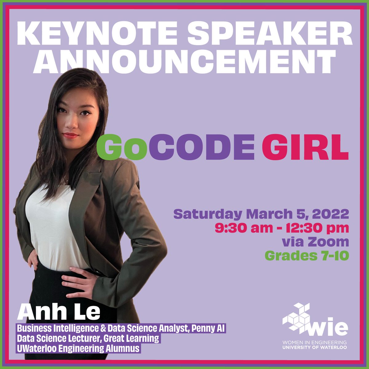 uwaterlooWiE's tweet image. #GoCodeGirl is coming up this Saturday, March 5th and with our wonderful keynote speaker announced you can sign up for free and join us for a virtual event filled with exciting talks and a fun activity about data science uwaterloo.campbrainregistration.com