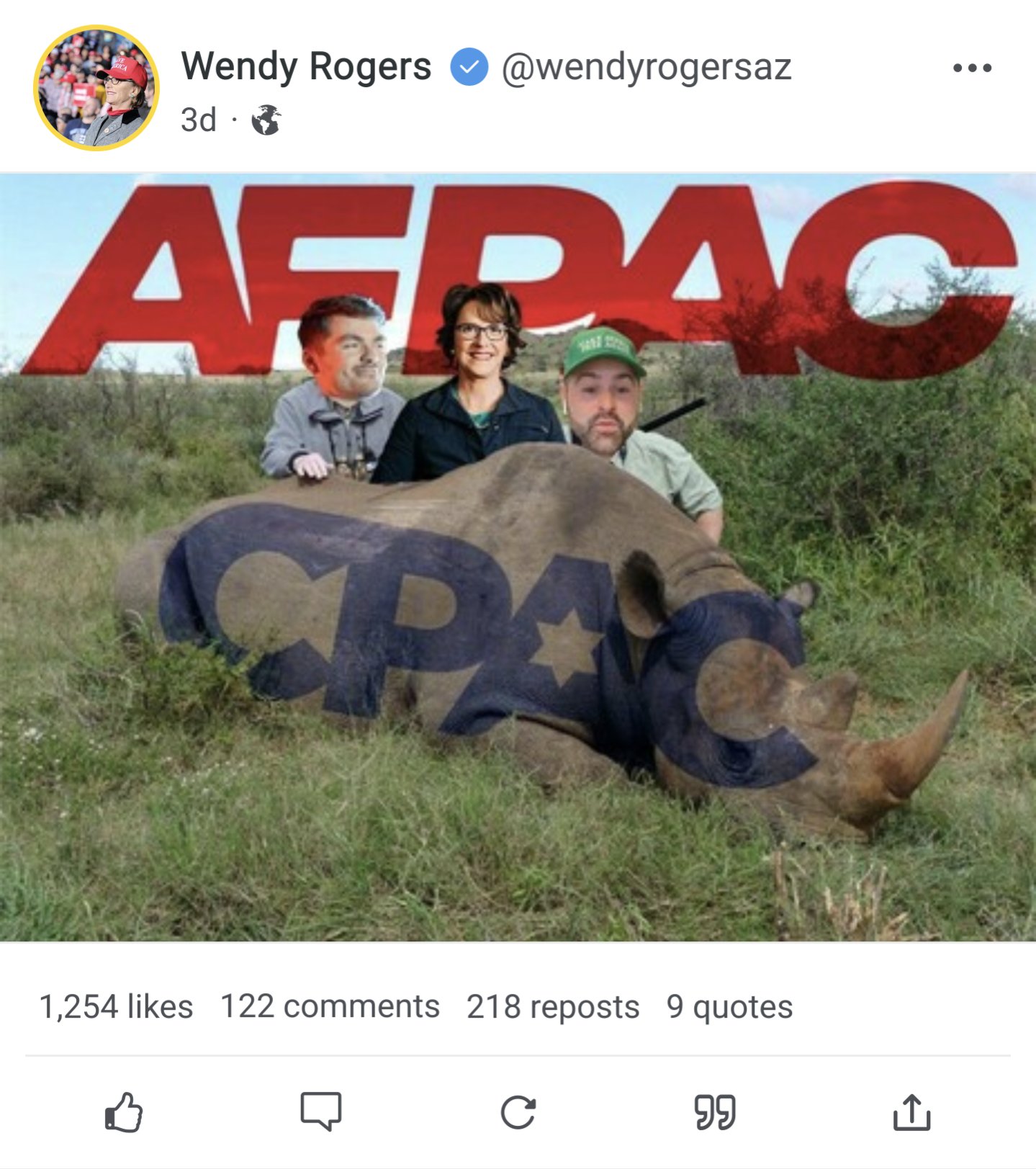 Screenshot of a Gab post by Wendy Rogers that shows her along with white nationalist Nick Fuentes and Gab founder Andrew Torba. They are standing behind a dead rhino. The letters AFPAC appear behind them in bold red letters. The letters CPAC are branded on the rhino with a Star of David in the middle of the letter A.