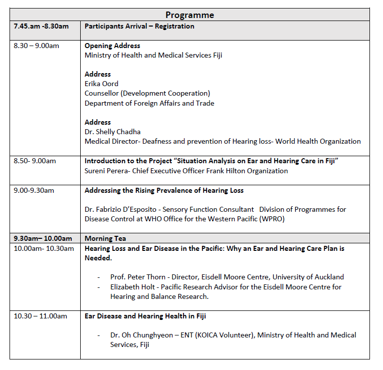 FrankHiltonOrg's tweet photo. We are excited to share the programme for the World Hearing Day Symposium on Ear and Hearing Care in Fiji.
 
 #CollaborationIsKey #SafeListening #WorldHearingDay #HearingCare #FHOsupportsEHC #ToHearforLife https://t.co/8gaQx4UGZH